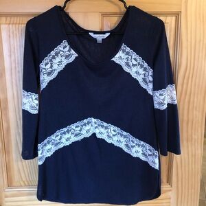 Navy Blue Top with White Lace Accents